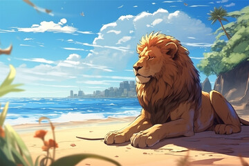 anime style scenery background, a lion on the beach