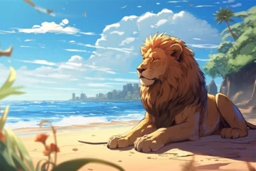 Poster anime style scenery background, a lion on the beach © Yoshimura