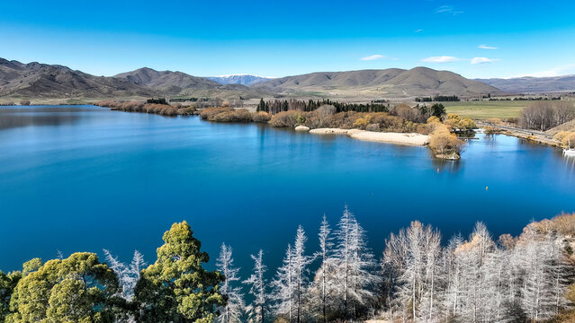 Aerial image of Benmore lake at Sailors cutting in the South Island of New Zealand