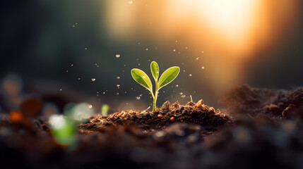 Small plant sprouting out of the ground with blurry background