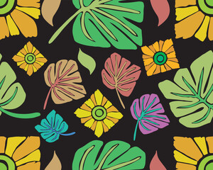 Seamless pattern with square sunflowers and colorful monstera leaves. Adam's Rib Leaves. Flat vector illustration isolated on black background.