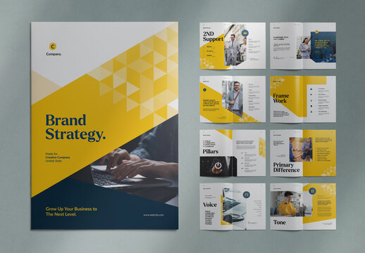 Brand Strategy Layout Template with Yellow and Blue Background Colour Palette