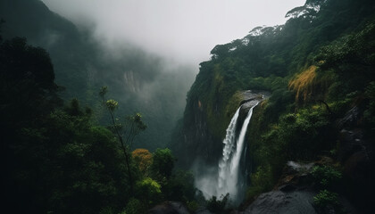 Majestic mountain range, foggy cliff, flowing water, tranquil scene generated by AI