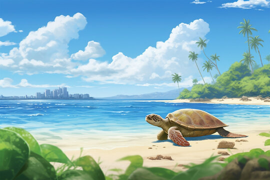 anime style background, a turtle on the beach