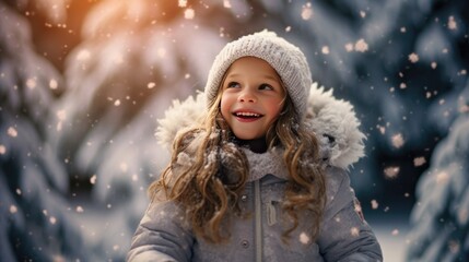 A portrait of little girl wearing wool hat enjoyed with snow in winter season and celebrate for Christmas. Generative Ai