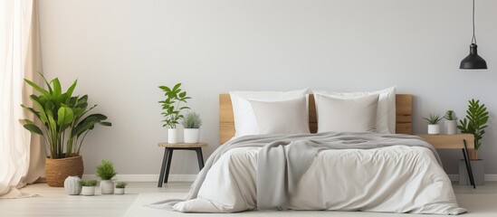 Modern bedroom with white bed and lamp near window - obrazy, fototapety, plakaty