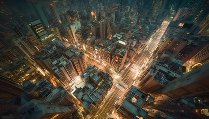 Obraz premium Modern city skyline glows with multi colored lights at twilight generated by AI