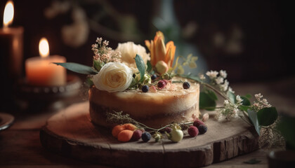 A rustic wedding cake with berry fruit and ornate decoration generated by AI - obrazy, fototapety, plakaty