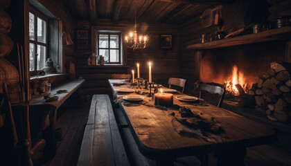Rustic candlelight brings warmth to modern home interior design generated by AI