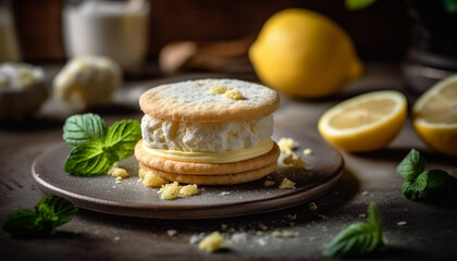 Obraz na płótnie Canvas Organic shortbread biscuit stack with lemon cream and mint leaf generated by AI