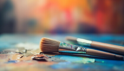 Artist table messy palette, vibrant colors, close up of paintbrush generated by AI