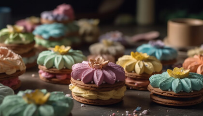 Indulgent homemade gourmet desserts macaroons, cupcakes, and cookies galore generated by AI