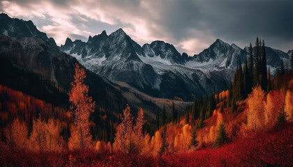 Majestic mountain peak rises above tranquil meadow in autumn landscape generated by AI