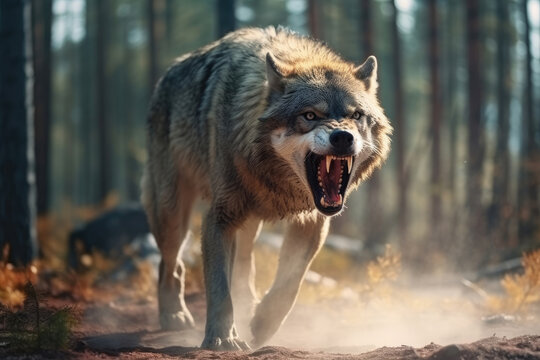 Angry wolf growling in a forest