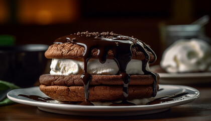Indulgent homemade chocolate dessert on rustic table, tempting sweet indulgence generated by AI