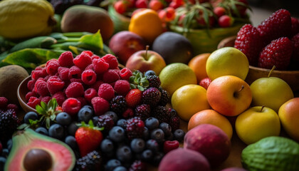 Naklejka na ściany i meble Healthy eating with a variety of juicy, ripe berry fruits generated by AI
