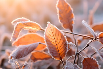 Beautiful colourful nature with bright orange leaves covered with frost in late autumn or early winter