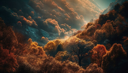 The sunset sky over the mountain peak is a beauty generated by AI - obrazy, fototapety, plakaty