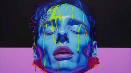 A man's visage, where the paint seems to melt and drip in a cascade of vibrant neon hues. The fluid and loose style evokes a sense of impermanence and transformation, blending the boundaries between s