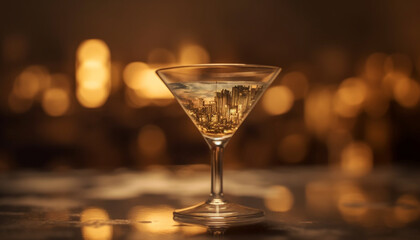 Elegant martini glass reflects celebration in illuminated nightclub atmosphere generated by AI
