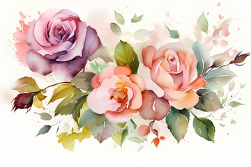 Watercolor roses on white background. 