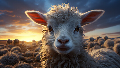 Cute lamb looking at camera in beautiful sunset meadow generated by AI