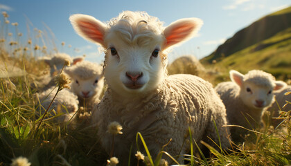 Obraz premium Cute lamb grazing in green meadow, surrounded by fluffy sheep generated by AI