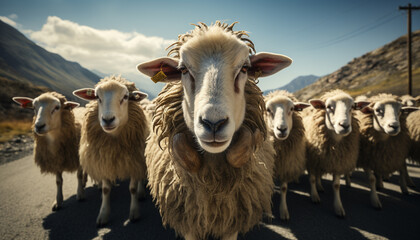 Obraz premium Farm animals grazing in a picturesque meadow, cute and woolly generated by AI