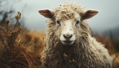 Obraz premium Cute lamb grazing on a wet farm, looking at camera generated by AI