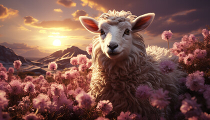 Obraz premium Cute young lamb grazing on a green meadow at sunset generated by AI