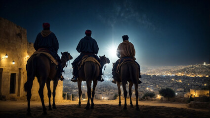 Three wise men traveling to Bethlehem to see the baby Jesus.
