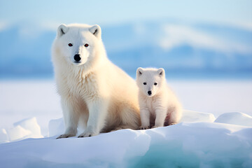 arctic fox and cub in the snow