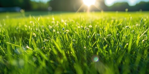 Green lawn lit by sunlight