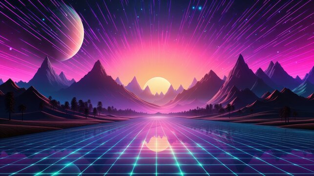 Retro Wave Music Festival Background, Retro Futuristic 90s Style.