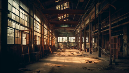 Abandoned workshop, rotting steel, ruined building feature, spooky corridor generated by AI - obrazy, fototapety, plakaty