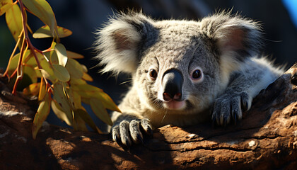 A cute koala sitting on a eucalyptus tree, looking at camera generated by AI