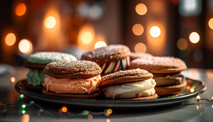 Homemade chocolate shortbread cookies on rustic wooden table with candle generated by AI