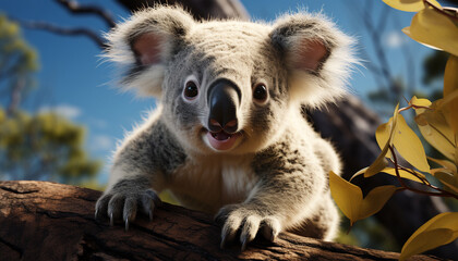 Obraz premium Cute koala on eucalyptus tree, looking at camera, in nature generated by AI