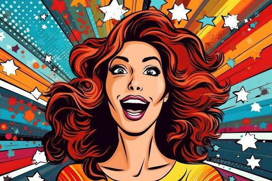 Pop Art Woman Comic Illustration, Portrait of Female Retro 90s Style, Human Street Art Graffiti Pattern, Colorful Abstract Background.