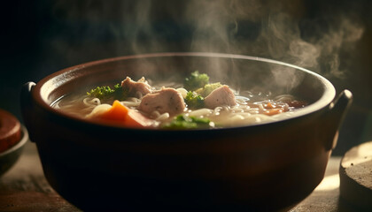 Homemade stew with chicken meat, spice, and vegetable appetizer generated by AI