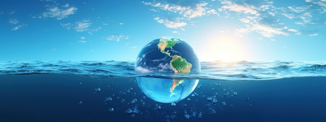 Earth Globe on Floating Water, World Water Day Concept with Planet Earth, Saving Water and Environmental Protection, Save Water Save Life