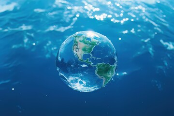 Fototapeta na wymiar Earth Globe on Floating Water, World Water Day Concept with Planet Earth, Saving Water and Environmental Protection, Save Water Save Life