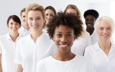 Obraz premium Group of smiling mixed skin people wearing white posing in a white office