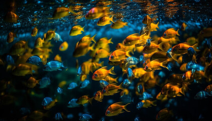 Fototapeta na wymiar A school of multi colored fish swim in a vibrant reef generated by AI