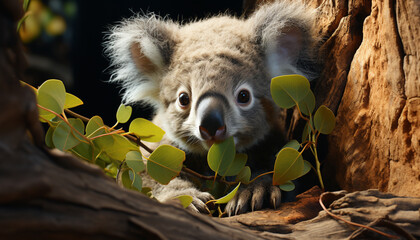 Cute koala sitting on a branch, looking at the forest generated by AI