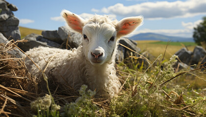 Cute young lamb grazing on green meadow, innocence in nature generated by AI