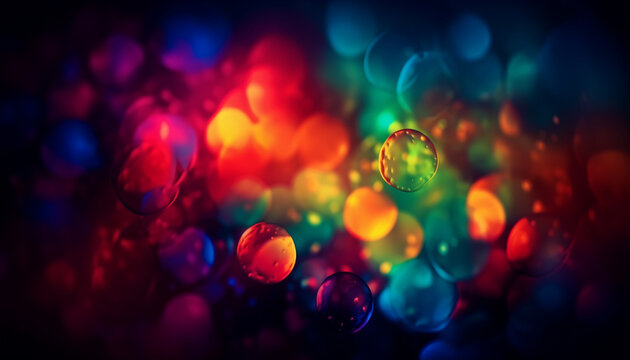 Abstract circle of multi colored bubbles illuminates vibrant summer backdrop generated by AI