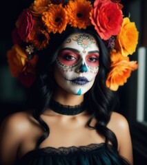 Beautiful woman dresses and paints her face It's a ghost mask for the festival of bringing the dead back to their home.