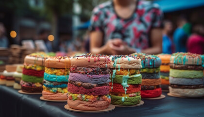 Fototapeta na wymiar Stack of multi colored macaroons, biscuits, and candy for festive indulgence generated by AI