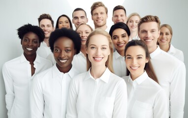 Obraz premium Group of smiling mixed skin people wearing white posing in a white office